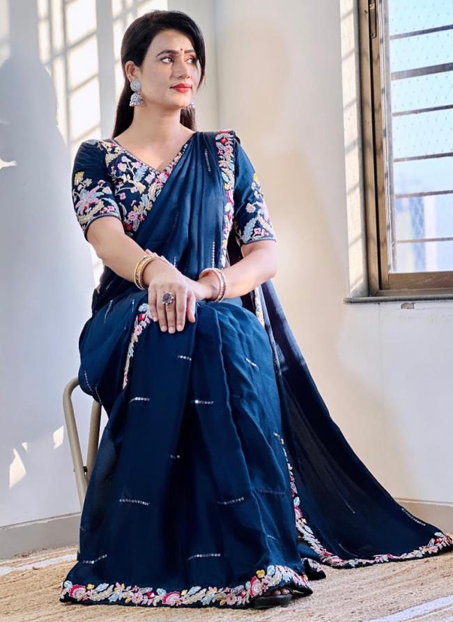 Chiffon Blue Party Wear Embroidery Work Saree(stitched blouse)